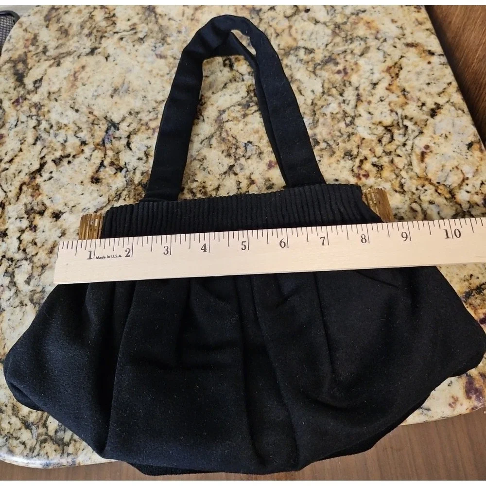 Vtg‎ 1940's Black Cloth Purse Handbag w/Gold accents to open